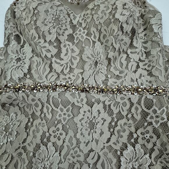 Cameron Blake Beige Neutral Full Length Lace Gown With Beaded Detail Women's 4 - Picture 5 of 13
